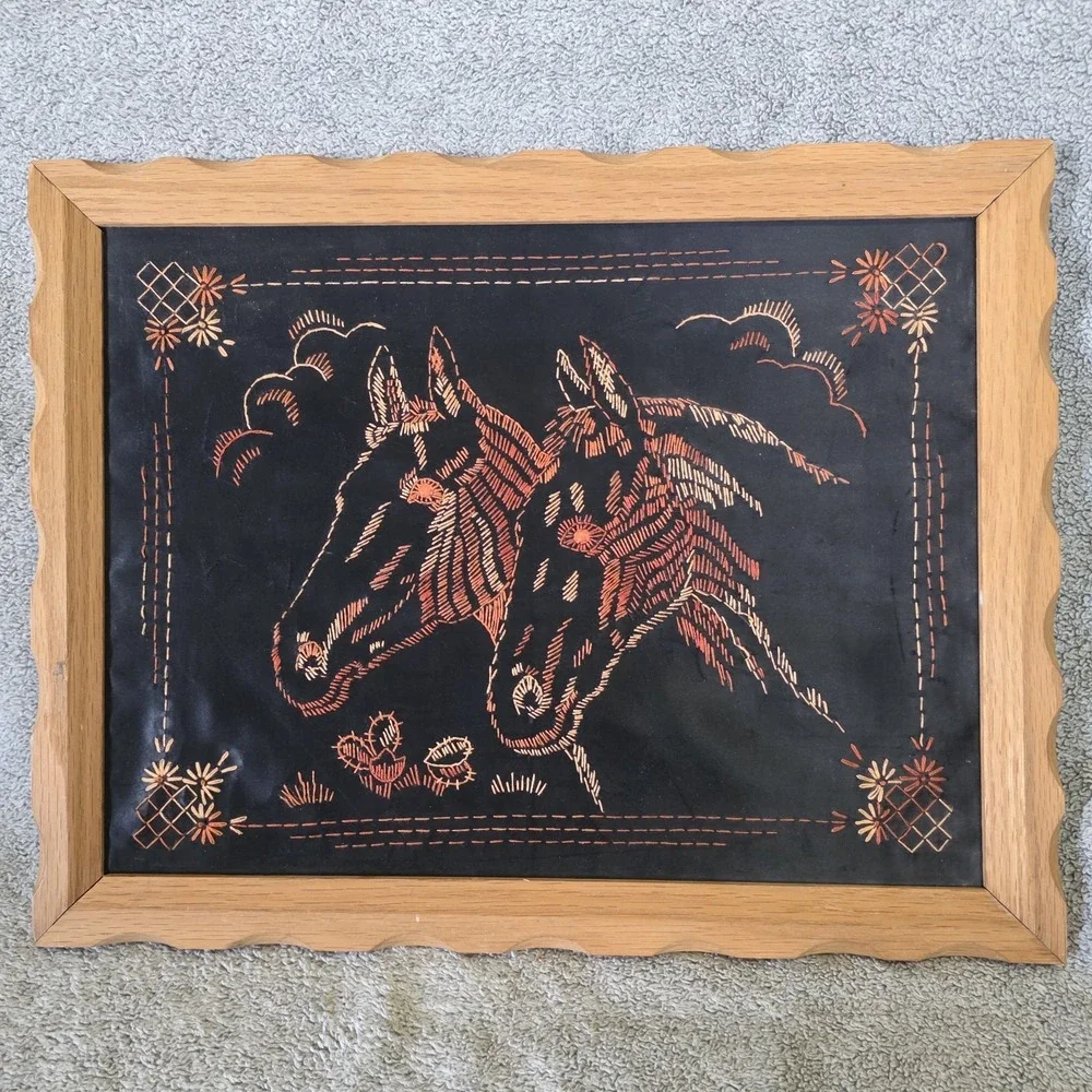 Vintage Hand Embroidered Brown Satin In Wood Frame Western Cowboy Horses Cactus